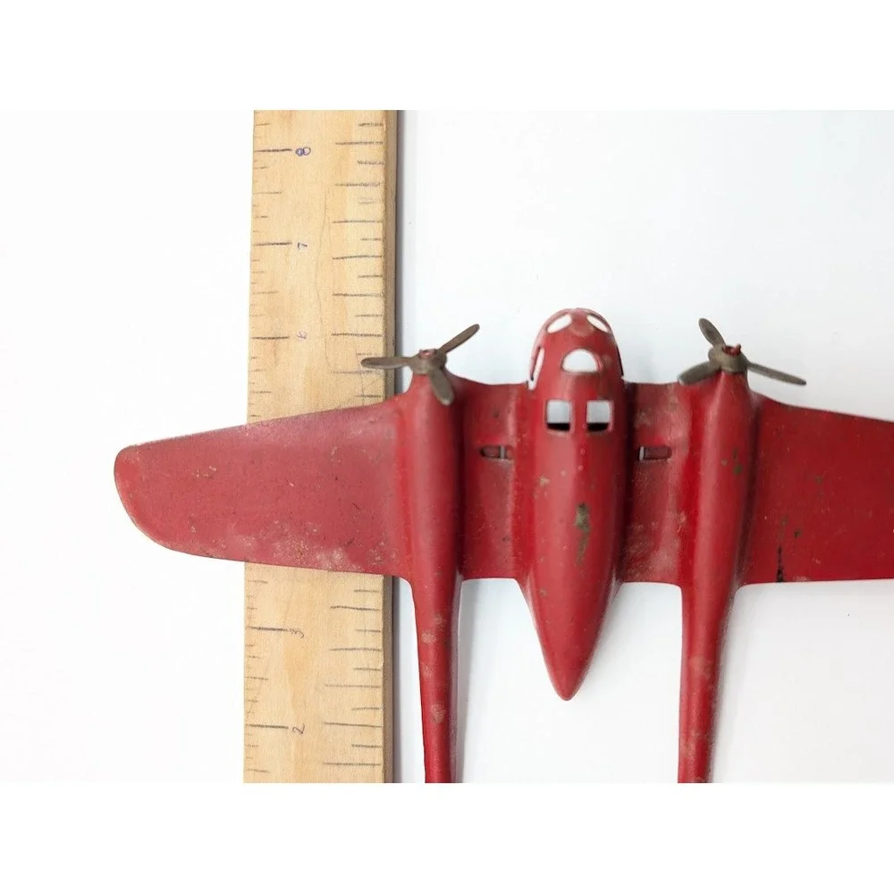 Vintage 30s Wyandotte Crusader P-38 Fighter Plane Pressed Steel Toy Military Red